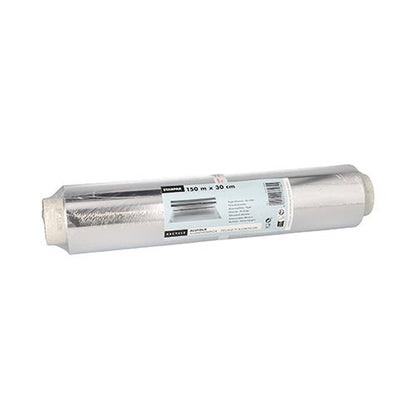 A roll of Starpak loose aluminum foil by Starpak with a white label in the format 150 m x 30 cm. Ideal for food packaging. The foil is partially unrolled, but the packaging remains intact.