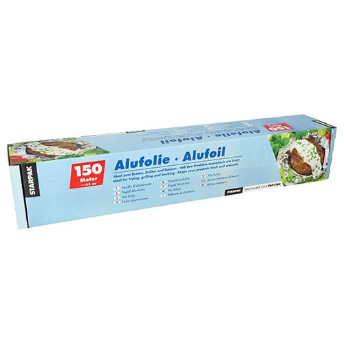 A rectangular box of Starpak loose aluminum foil, with a red "150 Meter" label and food images on the right side, ideal for food packaging, is delivered in a blue package with the inscription "Alufolie · Alufoil". Brand: Starpak.