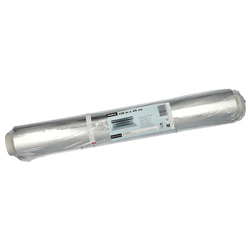 A roll of Starpak loose aluminum foil by the brand Starpak, in a package with a white label with product details, lies on a white surface.