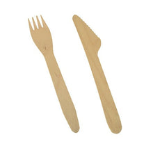 A PAPSTAR cutlery set wood "pure" 16.5 cm knife and fork from PAPSTAR GmbH lies side by side on a white background. The eco-friendly wooden cutlery impresses with a simple, smooth design.
