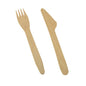 A PAPSTAR cutlery set wood "pure" 16.5 cm knife and fork from PAPSTAR GmbH lies side by side on a white background. The eco-friendly wooden cutlery impresses with a simple, smooth design.