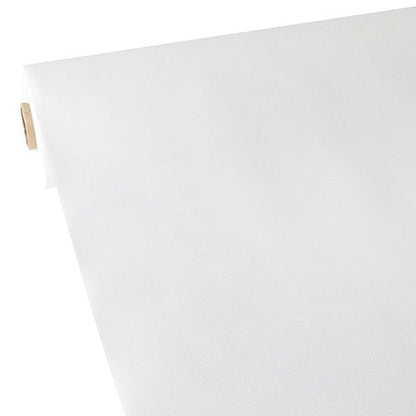 The Starpak tablecloth, fabric-like fleece "soft selection" (40 m x 1.18 m) in white is partially unrolled, showing its smooth, light structure and the visible cardboard core.