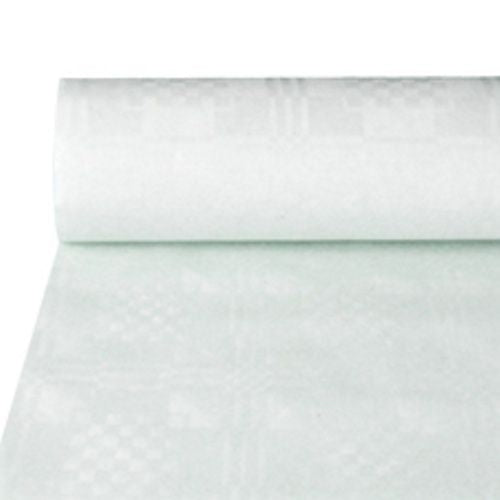 A roll of PAPSTAR GmbH paper tablecloth with damask embossing, white, 50 m long (1 roll) is partially unrolled on a surface and shows its fine checkered pattern.