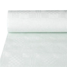 A roll of PAPSTAR GmbH paper tablecloth with damask embossing, white, 50 m long (1 roll) is partially unrolled on a surface and shows its fine checkered pattern.