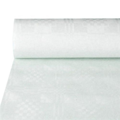 A roll of PAPSTAR GmbH paper tablecloth with damask embossing, white, 50 m long (1 roll) is partially unrolled on a surface and shows its fine checkered pattern.