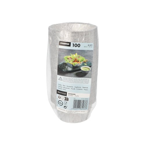 A pack of 100 Starpak aluminum bowls (round, 0.12 l, Ø 8.5 cm · 3.9 cm) in foil with label – ideal as environmentally friendly packaging for food.