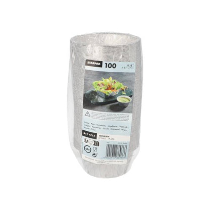 A pack of 100 Starpak aluminum bowls (round, 0.12 l, Ø 8.5 cm · 3.9 cm) in foil with label – ideal as environmentally friendly packaging for food.