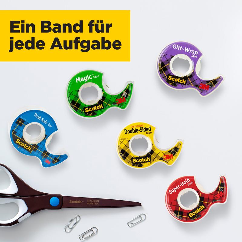 Four rolls of Scotch® Magic™ Invisible Tape (19 mm x 25 m) from 3M Deutschland GmbH, one in a colorful hand dispenser for free, are arranged with scissors and paper clips on a white background. A sign says: "A tape for every task."