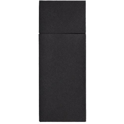 The Starpak 480 cutlery bags, Airlaid 40 cm x 33 cm with cutlery fold, are rectangular black napkins with a subtle texture and a horizontal line at the top, ideal for the hygienic presentation of cutlery. Depicted on a plain background.