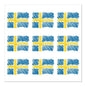 Nine hand-drawn Swedish flags in a 3x3 grid on white, each with a yellow cross on blue and sketchy texture. Ideal for the 20 napkins design set 1 by PAPSTAR GmbH, 33x33 cm, 3-ply, 1/4-fold.