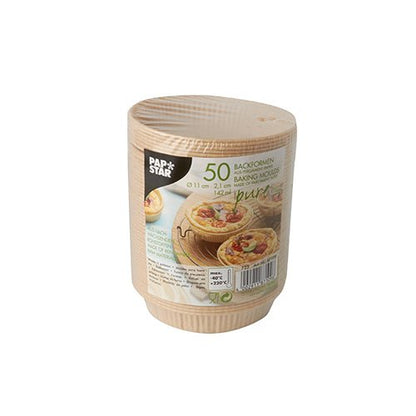 A stack of 50 PAPSTAR "pure" brown baking molds (11 cm diameter, 2.1 cm high) from PAPSTAR GmbH, in a plastic package with a label featuring images of baked goods and product information.