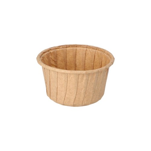 A small, round, brown PAPSTAR 50 baking molds "pure" from PAPSTAR GmbH with vertical grooves, depicted on a plain white background.
