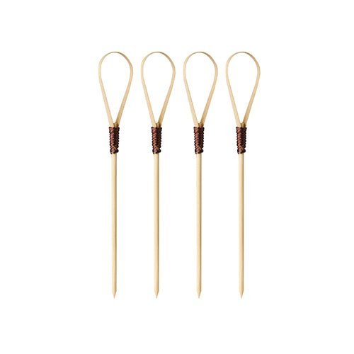 Four PAPSTAR 100 Fingerfood - Cocktail Picks from PAPSTAR GmbH with loop heads and dark brown wrapping, lined up on a white background - ideal for stylish serving at your next event.