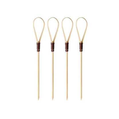 Four PAPSTAR 100 Fingerfood - Cocktail Picks from PAPSTAR GmbH with loop heads and dark brown wrapping, lined up on a white background - ideal for stylish serving at your next event.