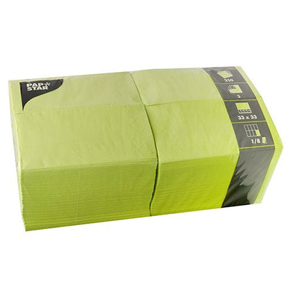A sealed package of PAPSTAR 250 napkins, 3-ply 1/8 fold by PAPSTAR GmbH contains 250 napkins (33 x 33 cm) in a transparent plastic sleeve with black and yellow label information.