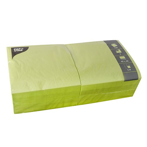 A sealed package PAPSTAR 250 napkins, 3-ply and 1/4-fold from PAPSTAR GmbH is depicted. The stacked napkins are wrapped in clear plastic foil, with size and quantity information at the top right.