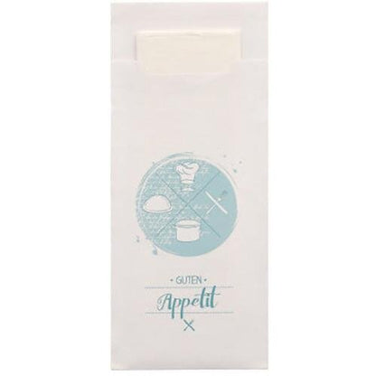 The white cutlery pouches "PAPSTAR 520" (20x8.5cm) from PAPSTAR GmbH are made of high-quality material, with a matching 2-ply napkin (33x33cm) and blue motif including a chef's hat, bread, pot, cutlery, and the inscription "Guten Appetit".