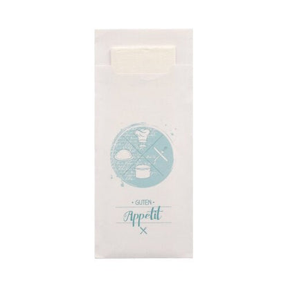 The 520 cutlery pouches (20 x 8.5 cm) from PAPSTAR GmbH are delivered with a matching 2-ply napkin (33 x 33 cm). The white cover features a light blue, circular motif with food and cutlery as well as the inscription "Guten Appetit", with the napkin partially visible inside.