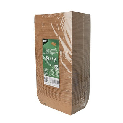 A plastic-wrapped stack of PAPSTAR 80 snack trays, brown cardboard with a green-white label with the inscription "pure" and "100% Fair" - ideal for environmentally friendly use and biodegradable, from PAPSTAR GmbH.