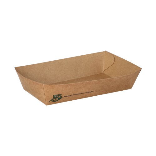 Pictured is a brown, rectangular snack tray from PAPSTAR GmbH from the "pure" series made of cardboard with the inscription "100% Fair" in an empty state with slightly angled sides and a small logo on the front, placed on a white background.