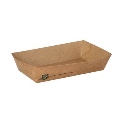Pictured is a brown, rectangular snack tray from PAPSTAR GmbH from the "pure" series made of cardboard with the inscription "100% Fair" in an empty state with slightly angled sides and a small logo on the front, placed on a white background.
