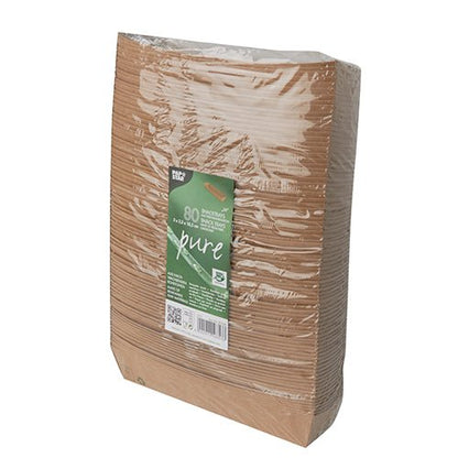 A sealed pack of 80 brown, rectangular PAPSTAR "pure" snack bowls made from biodegradable material with a green front label. The disposable plates are vertically stackable and marked with the "100% Fair" label from PAPSTAR GmbH.