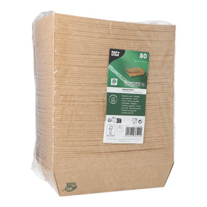 A sealed package of 80 "pure" brown snack trays from PAPSTAR GmbH, made from 100% fair paper - rectangular, environmentally friendly, biodegradable plates, neatly stacked with a green-white label and wrapped in clear film.