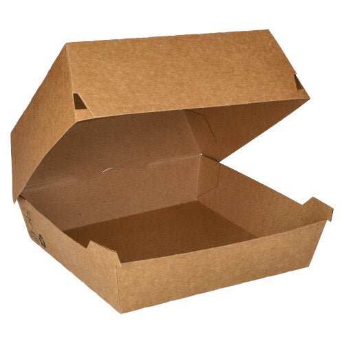 The depicted, open PAPSTAR burger box made of brown cardboard (9x18.5x18.5 cm) is empty and consists of unbleached kraft paper. Packaging unit: 25 pieces, "100% Fair", manufactured by PAPSTAR GmbH.