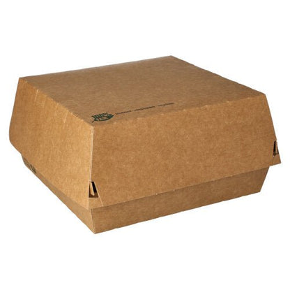 The PAPSTAR burger boxes made of brown cardboard (9x18.5x18.5 cm), "100% Fair", 25 pieces - practical and environmentally friendly from PAPSTAR GmbH - stand with flip lid on a white background, ideal for takeout.