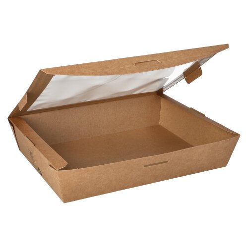 Depicted is an open brown, rectangular PAPSTAR 40 delicatessen box from PAPSTAR GmbH made of environmentally friendly cardboard with a PLA window in an empty state. It is designed for baked goods or food and bears the inscriptions "100% Fair" and "pure".