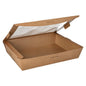 Depicted is an open brown, rectangular PAPSTAR 40 delicatessen box from PAPSTAR GmbH made of environmentally friendly cardboard with a PLA window in an empty state. It is designed for baked goods or food and bears the inscriptions "100% Fair" and "pure".