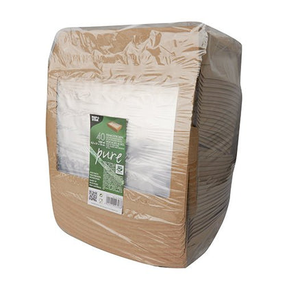 The 40 delicatessen boxes "pure" from PAPSTAR GmbH are rectangular, brown cardboard boxes with a PLA window and the inscription "100% Fair" – an environmentally friendly choice for delicatessen packaging and everyday use.