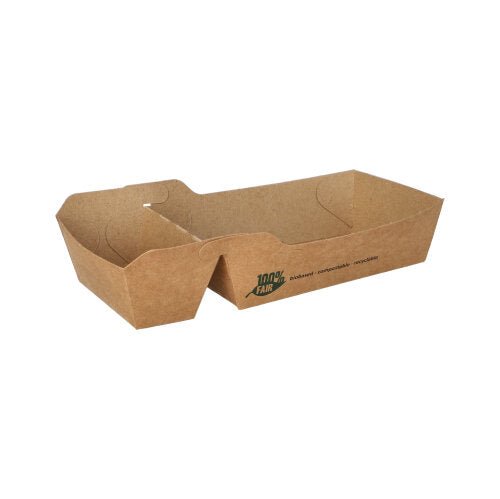 A brown, rectangular PAPSTAR 80 French fries tray "pure" made of cardboard, 2-part with slanted edge and "100% Fair" print of PAPSTAR GmbH, on a white background.