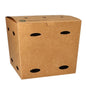 A brown French fry box from PAPSTAR GmbH made of "pure" cardboard with oval ventilation holes, fairly produced, depicted against a plain white background.