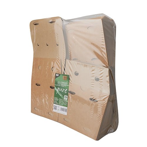 A pack of 50 PAPSTAR French fry boxes made of brown "pure" cardboard with the label "100% fair", packed in transparent foil. Environmentally friendly produced by PAPSTAR GmbH for a sustainable choice.