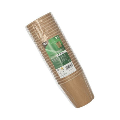A set of 25 brown PAPSTAR soup cups round (9.8 cm, 470 ml), ideal for soups, from PAPSTAR GmbH, packaged in clear plastic with a green-white label with product details and barcodes.