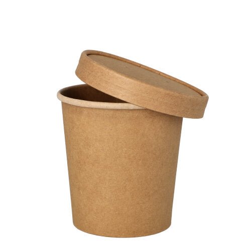 A PAPSTAR soup cup round, 9.8 cm in brown with matching lid from PAPSTAR GmbH lies tilted on each other on white background. Ideal for soups and available in a set of 25.