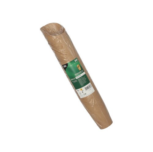 On a white background, a slanted roll of brown PAPSTAR 50 Wrap Cups (brown cardboard) is depicted, wrapped in clear plastic and bearing a green-white label from PAPSTAR GmbH.