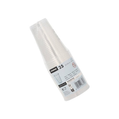 A stack of 25 Starpak drinking cups (0.2l, PP, Ø 7.03cm · 9.9cm) in transparent plastic packaging with label and recycling info, depicted on a white background - ideal for on the go.