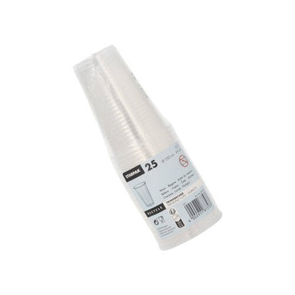 A stack of 25 Starpak drinking cups (0.2l, PP, Ø 7.03cm · 9.9cm) in transparent plastic packaging with label and recycling info, depicted on a white background - ideal for on the go.
