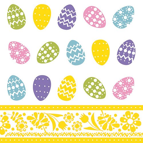 These 3-ply napkins (100-pack, 33x33 cm) from PAPSTAR GmbH feature colorful Easter eggs with polka dots and zigzag patterns in yellow, purple, pink, blue, and green over a yellow floral border on a white background.