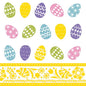 These 3-ply napkins (100-pack, 33x33 cm) from PAPSTAR GmbH feature colorful Easter eggs with polka dots and zigzag patterns in yellow, purple, pink, blue, and green over a yellow floral border on a white background.