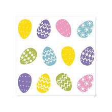 The PAPSTAR GmbH napkins "Colorful Eggs" (25x25 cm, 50 pieces) display a grid of twelve colorful Easter eggs in yellow, purple, blue, and pink with dots or zigzag patterns on a white background - perfect for Easter.