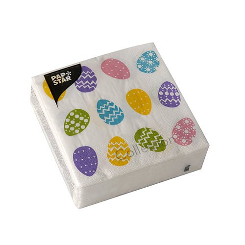 A pack of 50 PAPSTAR napkins 1/4 fold, 25x25 cm, design "Colorful Eggs" by PAPSTAR GmbH - festive napkins in bright colors, perfect for Easter.