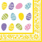 The PAPSTAR napkins "Colorful Eggs" (40x40 cm, 1/4 fold, 50 pieces) from PAPSTAR GmbH feature twelve colorful Easter eggs with various patterns on a white background and a yellow floral border.