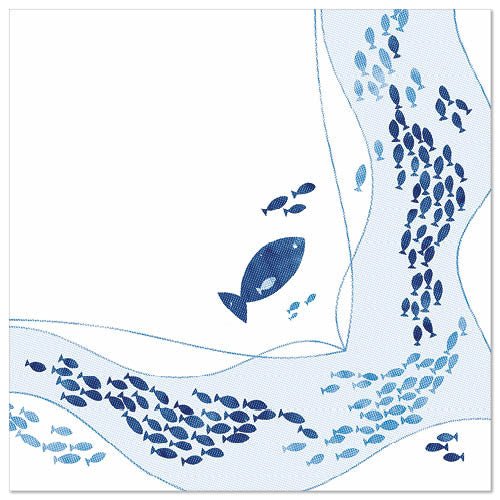 A stylized illustration of small and large blue fish on white adorns the PAPSTAR 50 napkins "ROYAL Collection" 1/4-fold 40 x 40 cm design by PAPSTAR GmbH.
