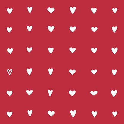 A grid of white hearts on red adorns the PAPSTAR GmbH napkins 1/4-fold, 33x33cm, heart design (50 pieces), with a contoured heart in the second row, first column amidst filled hearts.