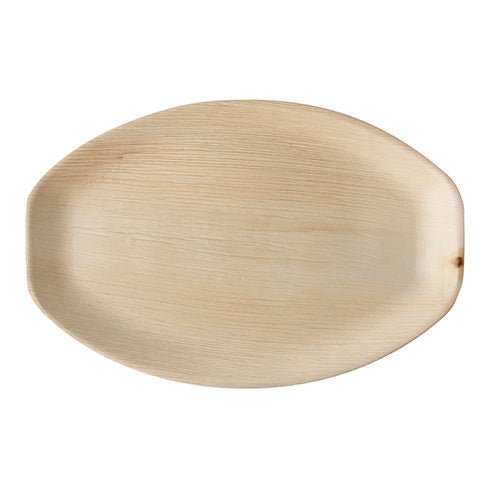 The PAPSTAR palm leaf tray "pure" oval, 37x25 cm, environmentally friendly and biodegradable (25 pieces), made from shrink wrap by PAPSTAR GmbH, is empty and photographed from above against a white background.