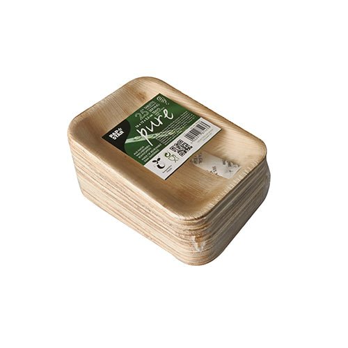 A stack of rectangular beige PAPSTAR 25 palm leaf tablets "pure" from PAPSTAR GmbH made of biodegradable material, wrapped in plastic and provided with a green-white label with product details.