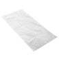 On a white surface lies a flat, transparent, rectangular Starpak 2000 flat bag (CPP crystal clear flame perforated, blocked à 100 bags) with a textured surface and two holes near the top edge.